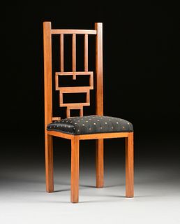 A VIENNA SECESSIONIST STYLE BLACK SILK COVERED BEECH HIGH BACK CHAIR, 1900-1930,