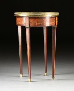 A LOUIS XVI STYLE MARBLE TOPPED AND MARQUETRY INLAID TULIPWOOD BOUILLOTTE TABLE, LATE 19TH/EARLY 20TH CENTURY,