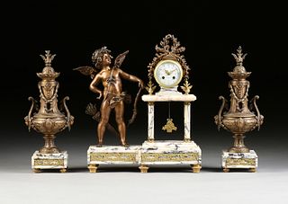 A THREE PIECE LOUIS XVI REVIVAL GILT AND PATINATED METAL MOUNTED MARBLE CLOCK GARNITURE, SIGNED, CIRCA 1900, 