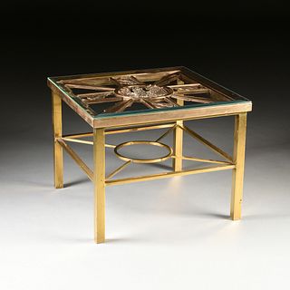 AN AMERICAN ART DECO GLASS TOPPED BRASS "PELICAN" SIDE TABLE, 20TH CENTURY,