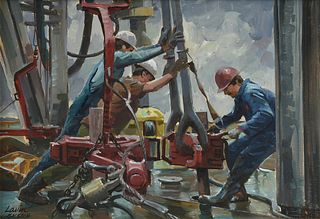 ROBERT LAVIN (American 1919-1997) A PAINTING, "Sketch for 'Oil Workers,'" CIRCA 1982,