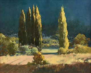 attributed to WALTER ALEXANDER BAILEY (American 1894-1989) A PAINTING, "Cypress Trees in Sunlight,"