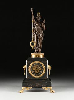 A NEO-GREC PATINATED AND GILT METAL "LADY LIBERTY" MOUNTED MARBLE MANTLE CLOCK, FRENCH, CIRCA 1870, 