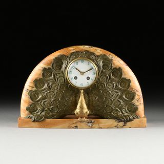 AN ART DECO BRONZE PEACOCK AND SIENA MARBLE MANTLE CLOCK, PROBABLY FRENCH, 1920s,