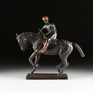 after PIERRE JULES MÊNE (French 1810-1879) A BRONZE FIGURAL SCULPTURE, "Jockey on Horse," LATE 20TH CENTURY,