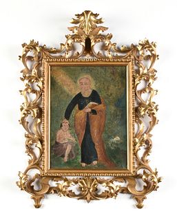 A SPANISH COLONIAL RETABLO, "Saint Peter Blessing a Child," 19TH CENTURY,