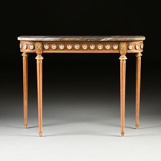 A LOUIS XVI REVIVAL STYLE MARBLE TOPPED AND PORCELAIN MOUNTED BEECH CONSOLE TABLE, LATE 20TH CENTURY,