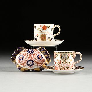 TWO SETS OF ROYAL CROWN DERBY COFFEE CUPS/SAUCERS WITH CRAB PAPERWEIGHT, IMARI STYLE PATTERNS, SIGNED, 20TH CENTURY,
