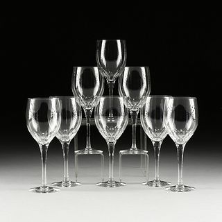 A SET OF EIGHT CUT CRYSTAL WINE GLASSES, MODERN,