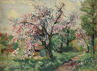 CLARENCE JOHNSON (American 1894-1981) A PAINTING, "Pink Blossoming Tree by the Road,"