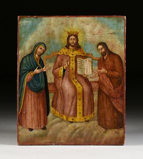A RUSSIAN ORTHODOX STYLE ICON, "Deesis with Christ Enthroned (with Supplicant Mary and St. John the Baptist)," LATE 19TH CENTURY,