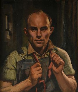 after EDWARD HOPPER (American 1882-1967) A PAINTING, "Portrait of a Man in Overalls and Cable Knit Sweater,"