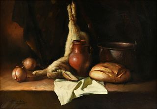 JUAN SOLER (Spanish a. 1940-1984) A BODEGÓN PAINTING, "Nature Morte of a Rabbit, Onions and Bread,"