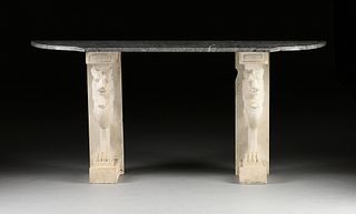 A LONG FRENCH NEO-GREC STYLE MARBLE TOPPED AND CAST STONE CONSOLE TABLE, EARLY 20TH CENTURY, 