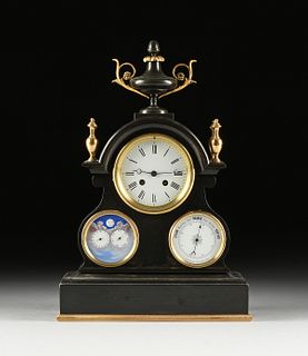 A VICTORIAN TRIPLE DIAL AND GILT BRASS MOUNTED POLISHED BLACK MARBLE MANTLE CLOCK, FOURTH QUARTER 19TH CENTURY,