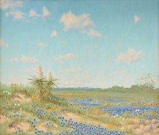 NOE PEREZ (American/Texas b. 1958) A PAINTING, "Texas Bluebonnets, Yucca, and Paintbrushes," 1984,
