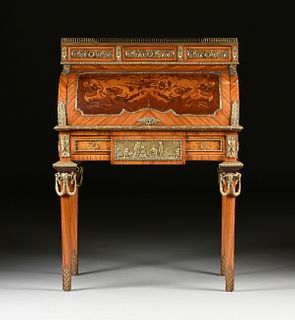 A LOUIS XVI STYLE MARQUETRY INLAID CYLINDRE BONHEUR DU JOUR, 20TH CENTURY,