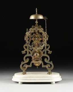 AN ANTIQUE BRASS FUSEE SKELETON CLOCK ON MARBLE BASE,19TH CENTURY,
