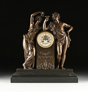 A NEOCLASSICAL REVIVAL PATINATED BRONZE AND BLACK MARBLE BACCHUS AND BACCHANTE MANTLE CLOCK, FRENCH, 19TH CENTURY,