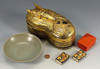 Asian Gilt Lacquer Boxes & Celadon Bowl, 5 items