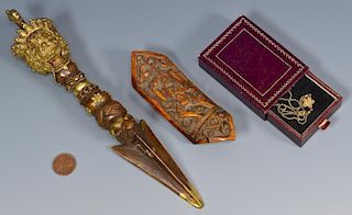 Gilt Bronze Dagger, Tibetan Arm Amulet & Japanese Haori-himo