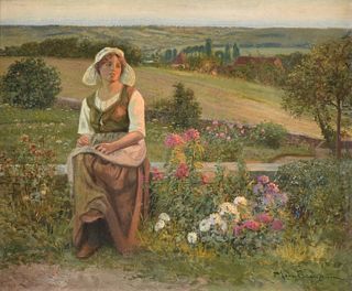 JEAN BEAUDUIN (Belgian/French 1851-1916) A PAINTING, "Pastoral Scene with Girl in Foreground,"