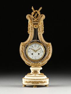 A LOUIS XVI STYLE ORMOLU AND FAUX BRILLIANTS MOUNTED LYRE FORM MARBLE MANTLE CLOCK, LATE 19TH/EARLY 20TH CENTURY,