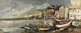 JIM RABBY (American/Texas b. 1947) A PAINTING, "Moored Sailboats on a Village Coastline," 1972, 