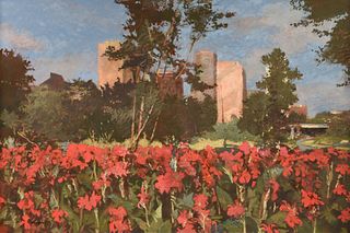 DAN WINGREN (American/Texas 1923-1998) A PAINTING, "Red Flowers in Cityscape,"