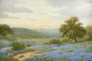 PORFIRIO SALINAS (American/Texas 1910-1973) A PAINTING, "Bluebonnets at Dawn and the Violet Crown Hills," CIRCA 1951,