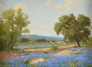 PORFIRIO SALINAS (American/Texas 1910-1973) A PAINTING, "Bluebonnets, Cacti, Paintbrushes, White Yarrow and Laundry Drying in Hill Country Landscape,"