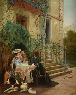 attributed to JAMES JACQUES JOSEPH TISSOT (French 1836-1902) A PAINTING, "The Visitor for Tea," 