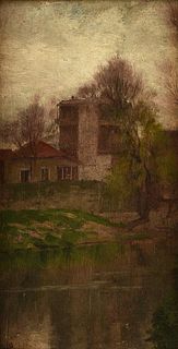 ROBERT JENKINS ONDERDONK (American/Texas 1852-1917) A PAINTING, "Old Mill on the San Antonio River," 