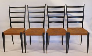 Midcentury Set Of 4 Ebonised And Caned Chairs .