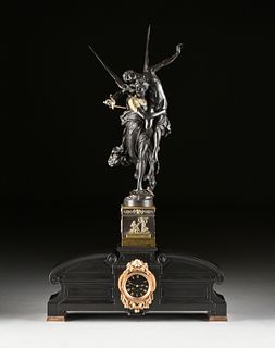 after JEAN ANTONIN MERCIÉ (French 1845-1916) A BRONZE GROUP SCULPTURE, "A GLORIA VICTIS," ON A BARBEDIENNE BLACK MARBLE MANTLE CLOCK, LATE 19TH/EARLY 