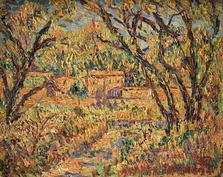 ALFRED GWYNNE MORANG (American 1901-1958) A TWO SIDED PAINTING, "Adobe Farmhouse Through the Trees," AND "Three Surreal Women in Landscape," 1947,