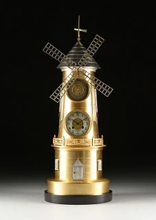 A GILT AND SILVERED BRONZE AUTOMATION WINDMILL CLOCK/BAROMETER, FRENCH, 20TH CENTURY,