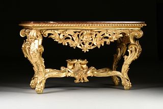 A GRAND ROCOCO REVIVAL MARBLE TOPPED AND PARCEL GILT CARVED WOOD CONSOLE TABLE, PROBABLY FRENCH, CIRCA 1880,