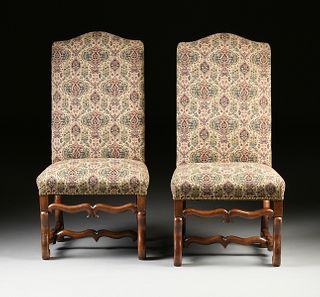 A SET OF TEN LOUIS XIV STYLE UPHOLSTERED AND CARVED WALNUT TALL BACK DINING CHAIRS, LATE 19TH/EARLY 20TH CENTURY,
