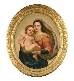 after RAFFAELLO SANZIO DA URBINO RAPHAEL (Italian 1483-1520) A PAINTING, "Sistine Madonna and Child," PROBABLY GERMAN, LATE 18TH/EARLY 19TH CENTURY, 