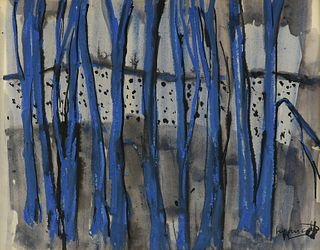 JANET LIPPINCOTT (American 1918-2007) A PAINTING, "Blue Trees in Landscape,"