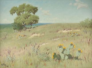 NOE PEREZ (American/Texas b. 1958) A PAINTING, "Cacti Blooming in Spring," 1984,