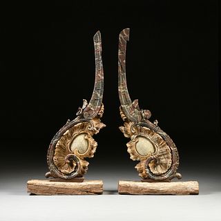 A PAIR OF LARGE ITALIAN ROCOCO GILT AND FAUX MARBLE PAINTED ARCHITECTURAL FRAGMENTS, POSSIBLY VENETIAN/NEAPOLITAN, THIRD QUARTER 18TH CENTURY,