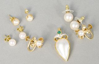Gold and pearl lot of four pearl earrings along with a pearl pendant with diamonds and enamel, 18 grams total weight.