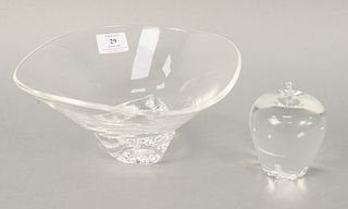 Two Steuben crystal pieces to include bowl, ht. 5", dia. 9 1/2"; apple, ht. 4", both marked "Steuben". Estate of Marilyn Ware Strasburg, PA.