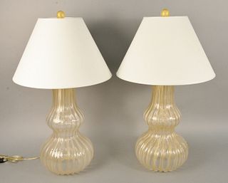 Pair of Murano blown glass lamps of ribbed double-gourd form with gold flecked decoration, ht. 19". Estate of Marilyn Ware Strasburg, PA.