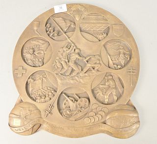 Bronze "Motion Picture Industry" plaque, depicts various scenes including central image of soldiers raising the flag, various signatures at bottom and