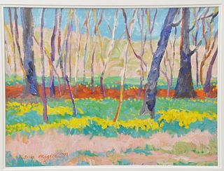 Suk Shuglie, oil on canvas, "Spring Trees", sight size 17 1/2" x 23 1/2", signed lower left "Suk Shuglie 1999". Estate of Marilyn Ware Strasburg, PA.