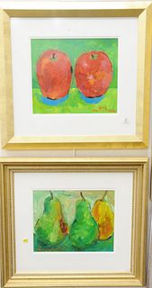 Two Suk Shuglie acrylic on paper and canvas, "Two Apples", sight size 11 1/2" x 13 1/2", signed and dated "2002"; "Three Pears" sight size 10 3/4" x 1