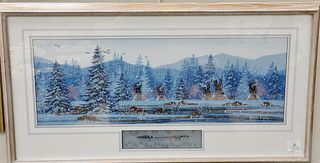 Roger Flythe (American b. 1942), acrylic on panel, "Snowy Seclusion", signed lower right, 9 1/2" x 27". Estate of Marilyn Ware Strasburg, PA.
